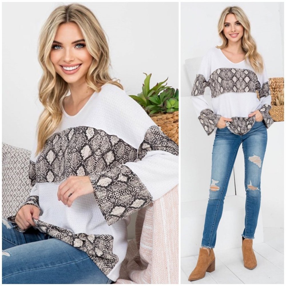 3 PACK: Women's Snake Print Long Bell Sleeve Hacci Soft Fall Top
